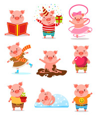 Set of pigs animal characters doing everyday things vector illustration