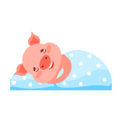Happy pig lying in bed and sleeping vector illustration