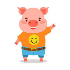 Obraz na płótnie Canvas Happy pig standing and greeting vector illustration