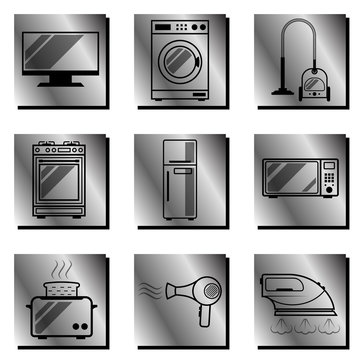 Set of 9 icons, symbols and images of household appliances in high tech metal and steel style. Vector square orientation
