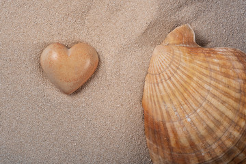 Shell and stone heart on the sand. 
