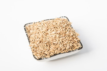 Golden ears of wheat are served in a porcelain bowl on a white background