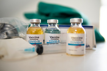 Vaccine and syringe injection. It use for prevention,immunization and treatment from corona virus infection(novel coronavirus disease 2019,COVID-19,nCoV 2019 from Wuhan). Medicine infectious concept.