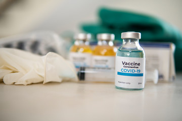 Vaccine and syringe injection. It use for prevention,immunization and treatment from corona virus infection(novel coronavirus disease 2019,COVID-19,nCoV 2019 from Wuhan). Medicine infectious concept.