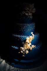 dark blue multi-tiered wedding cake in dark