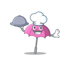 Pink umbrella as a chef cartoon character with food on tray