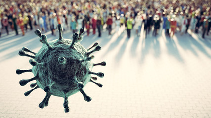 People defend from virus, coronavirus. Cells attacking causing pandemic - obrazy, fototapety, plakaty