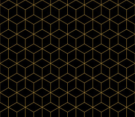 Modèle sans couture de ligne or cube isométrique sur fond noir.