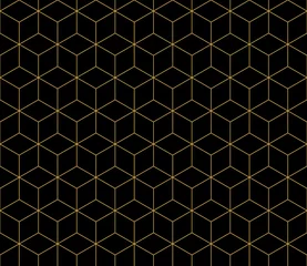 Poster de jardin Or abstrait géométrique Modèle sans couture de ligne or cube isométrique sur fond noir.