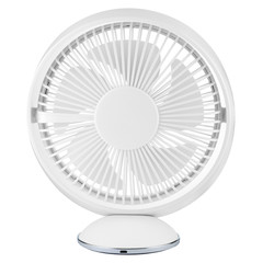Large desktop fan with USB input isolated on a white background. Back view