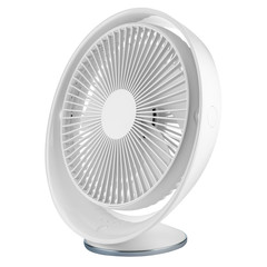 Large desktop fan with USB input isolated on a white background. Three quarter view
