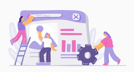 Cartoon doodle people working together site development isolated on white background. Colorful man and woman building app and web design vector flat illustration. Process of teamwork website creating