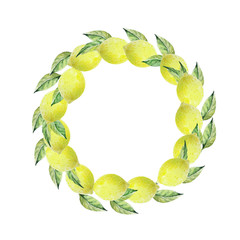 Round Frame wreath of lemons with leaflets Watercolor design for invitations, congratulations, cards, save date.