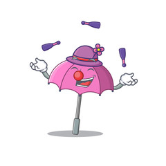A sweet pink umbrella mascot cartoon style playing Juggling