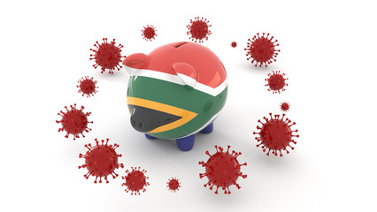 south africa piggy bank attacked by coronavirus, economy and savings in crisis 3D rendering