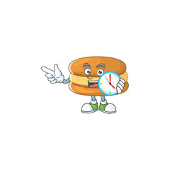 cartoon character style of cheerful chocolate macarons with clock