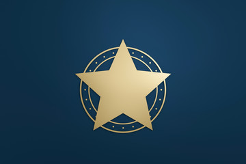 Blank star logo or emblem badge in luxury design with golden color on dark blue background. 3D...