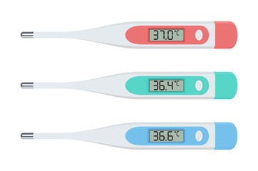 Set of colorful medical thermometers with different temperature, isolated on a white background. Vector elements for medical centers, pharmacies, hospitals. Concept of medicine, health, health care - obrazy, fototapety, plakaty