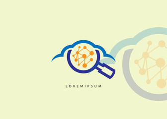 particle, cloud and magnifying glass, search and research vector logo
