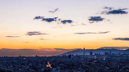 Tehran skyline at the sunset with Milad tower in the frame, colorful photo of Tehran-Iran cityscape