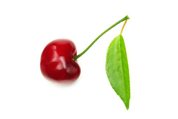 cherry with green leaf isolated on white background. Top view