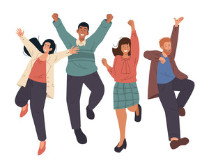 Obraz premium Happy group of business people jumping celebrating success. Cheerful young people cartoon characters