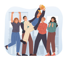 Business people with trophy celebrating victory. Achievement reward