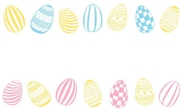 Easter Egg Icons Collection In Doodle Style - Horisontal Banner With Place For Text. Ornamented Endless Bordure Background. Hand Drawn Vector Illustration.