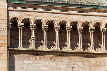 San Vigilio Cathedral (Duomo di Trento, 1212-1321) with two marble columns knotted (Colonne Ofitiche), symbol of the human and divine nature of Christ. Trento, Trentino-Alto Adige, Italy, Europe