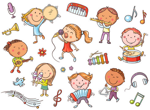 Kids with different musical instruments, playing music and singing