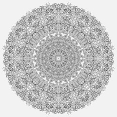 Abstract monochrome circular tracery and patterned snowflake. Linear decorative ornamental mandala, carpet. Adornment for meditation classes.