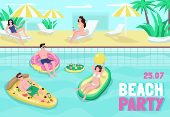 Obraz na płótnie Canvas Beach party poster flat vector template. Fun and drinks at seaside. People playing ball in pool. Brochure, booklet one page concept design with cartoon characters. Summer leisure flyer, leaflet