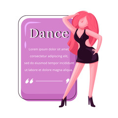 Female attractive dancer flat color vector character quote. Strip club dances performer, woman in fashionable dress. Citation blank frame template. Speech bubble. Quotation empty text box design