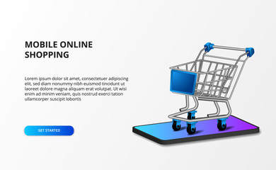 3d isometric illustration trolley with smartphone. Online store shopping and e commerce concept.