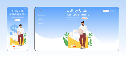 Utility bills management adaptive landing page flat color vector template. Tax payment mobile and PC homepage layout. Utility service one page website UI. Regular expense webpage cross platform design