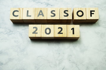 Class of 2021 alphabet letters on marble background