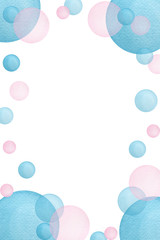 frame background with watercolor bubbles, frame card design illustration with pink blue circles and copy space, card template design for anniversary, party, wedding, joyful bubble decoration 