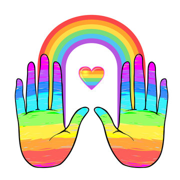 Rainbow colored open hand raised up. Gay Pride. LGBT concept. Realistic style vector colorful illustration of painted human palm. Sticker, patch, t-shirt print, logo design.