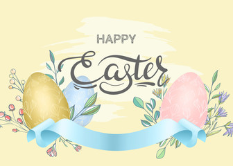 Happy Easter. Banner with eggs and simple plants