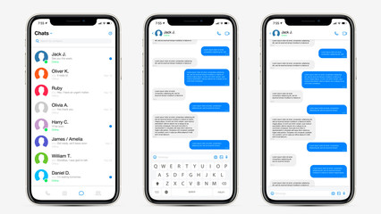 Realistic Mockup app messenger on the screen smartphone in white color concept. Social / UI / UX design. Vector illustration.