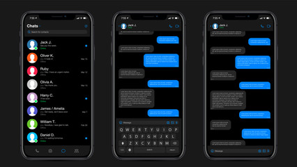 Realistic Mockup app messenger on the screen smartphone in black color concept. Social / UI / UX design. Vector illustration. - obrazy, fototapety, plakaty