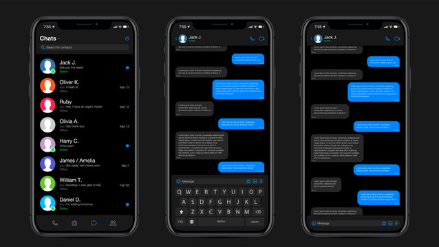 Realistic Mockup app messenger on the screen smartphone in black color concept. Social / UI / UX design. Vector illustration.