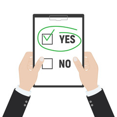 Yes no checked with green marker line, yes selected with red tick and circled, concept of motivation, voting, test, positive answer, poll.