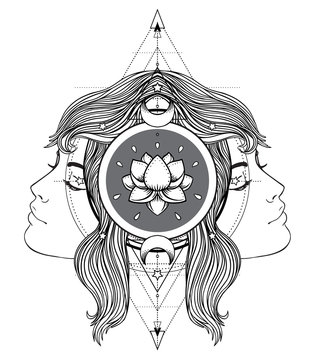 Divine goddess. Black and white girl over sacred geometry sign, isolated vector illustration. Tattoo sketch. Mystical symbol. Alchemy, occultism, spirituality, coloring book. Hand-drawn vintage.
