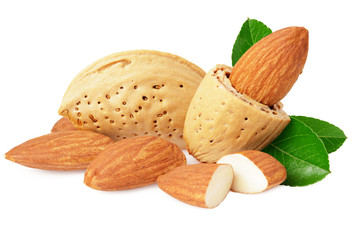 almonds with green leaves isolated on white background