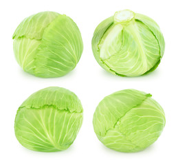 Set of whole green cabbages isolated on a white background.