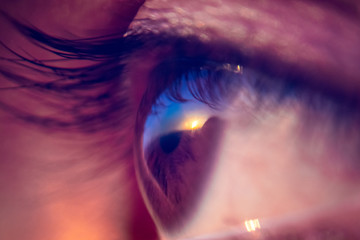 beautiful and colorful macro shot of an eye with sun reflecting in it, close up photo of a brown eye