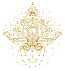 Tribal Fusion Boho Diva in gold. Beautiful Asian divine girl, ornate crown, kokoshnik inspired. Bohemian goddess. Hand drawn elegant illustration. Lotus flower, ethnic art, patterned Indian paisley