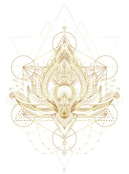 Vector ornamental Lotus flower, ethnic art, patterned Indian paisley. Hand drawn illustration. Invitation element. Tattoo, astrology, alchemy, boho and magic symbol..