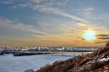 panorama of the city of Nizhny Novgorod in the summer. confluence of the Oka and Volga rivers . football stadium. temple